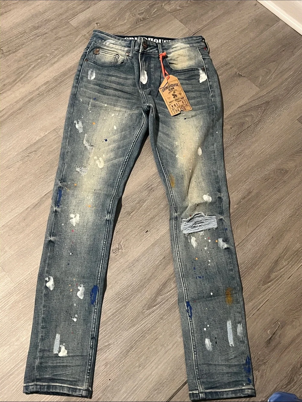 Slim Paint-Splatter Men's Jeans in Faded Blue